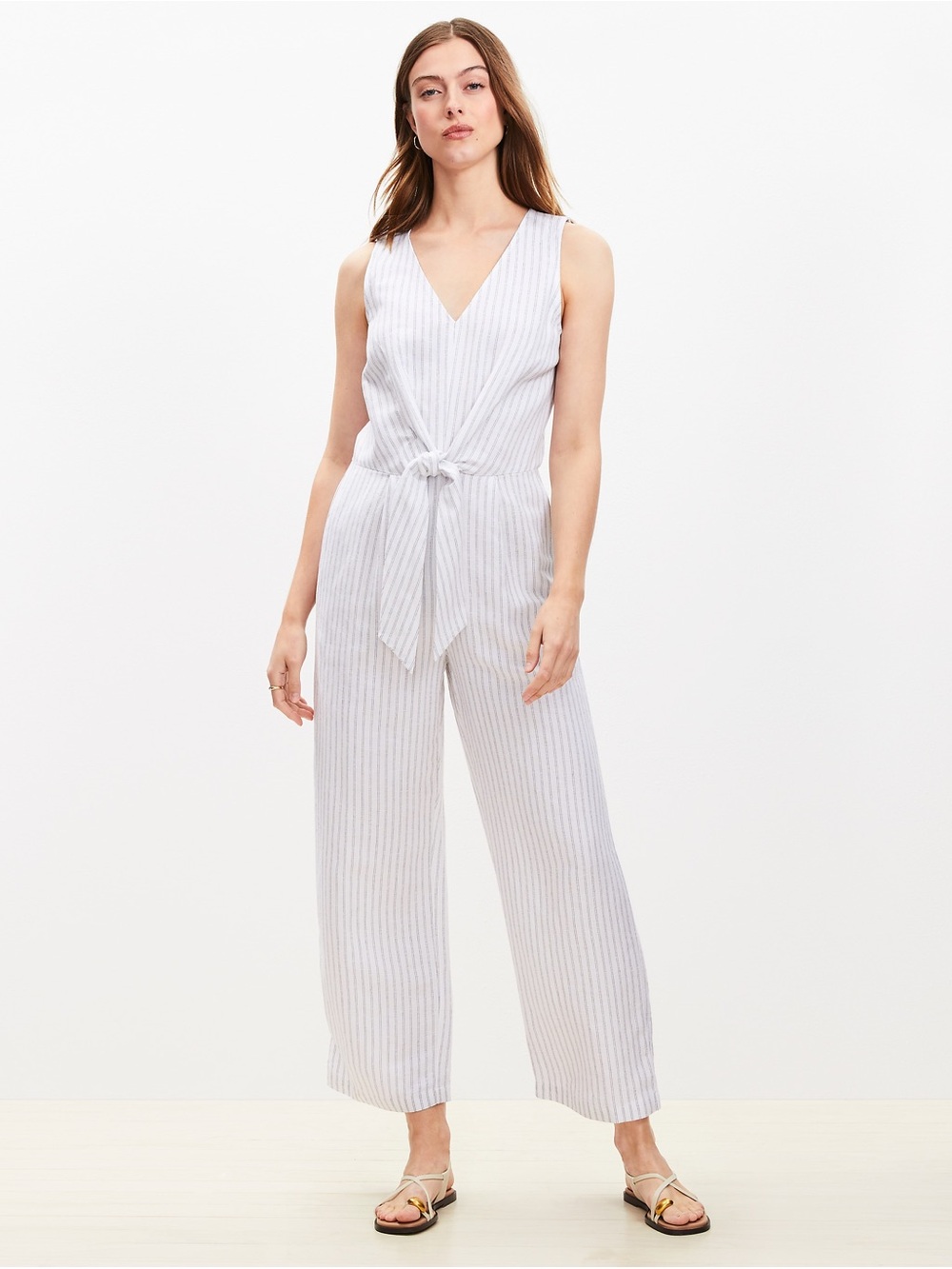 LOFT White Sleeveless Striped Tie-Front Jumpsuit